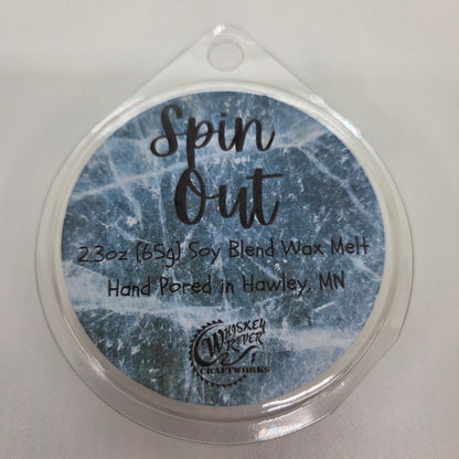 Wax Melts variant in Spin Out featuring a textured blue and white custom automotive-themed fragrance label on a clear clamshell pack.