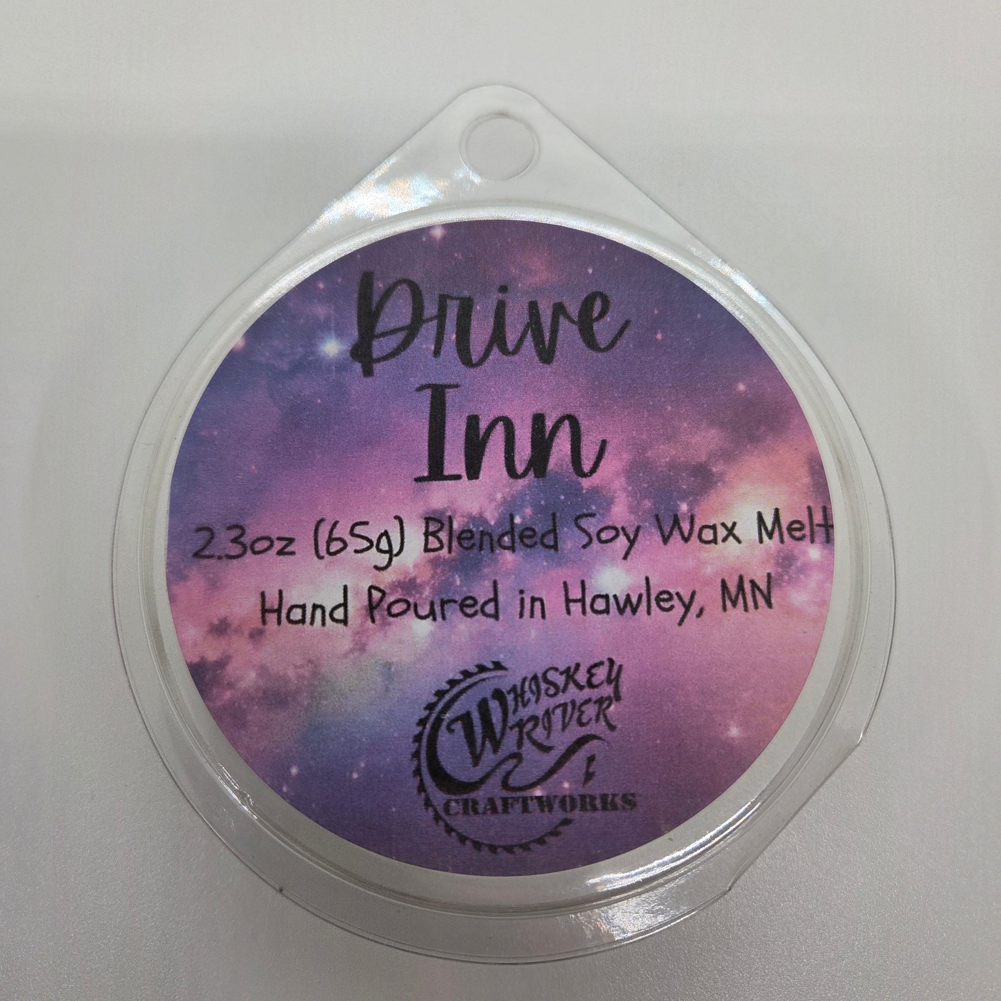 Wax Melts variant in Drive Inn featuring a retro teal and neon style custom fragrance label on a clear clamshell pack.