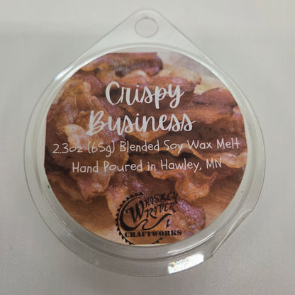 Wax Melts variant in Crispy Business featuring a textured, tongue-in-cheek custom fragrance label on a clear clamshell pack.