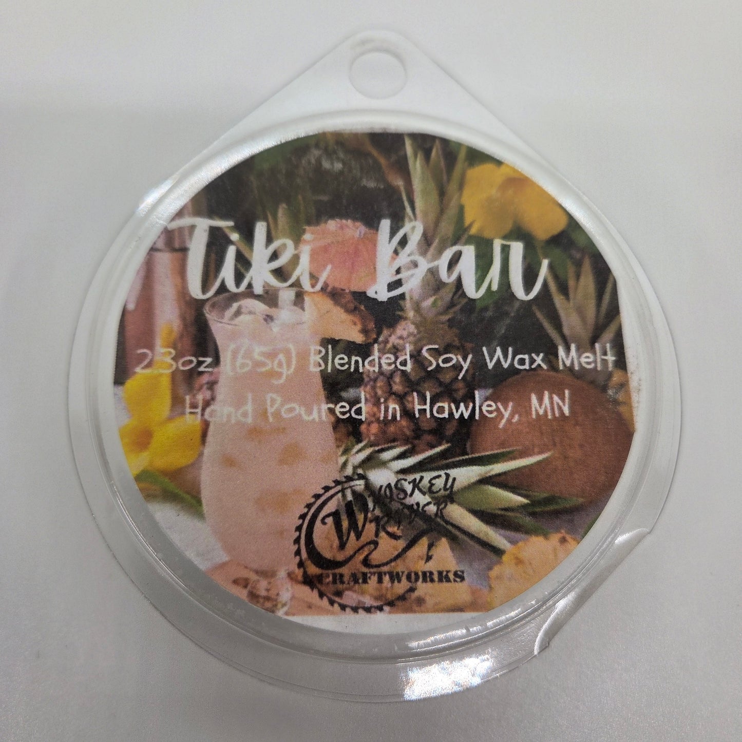 Wax Melts variant in Tiki Bar featuring a bright, tropical retro-themed fragrance label on a clear clamshell pack.