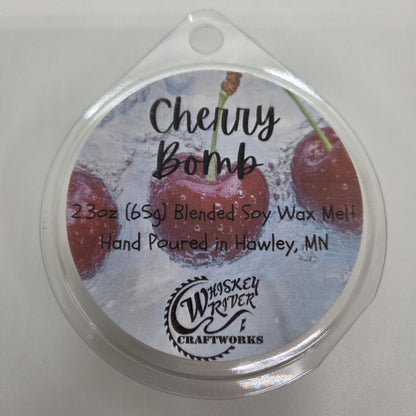 Wax Melts variant in Cherry Bomb featuring a bold, retro-pop style custom fragrance label on a clear clamshell pack.