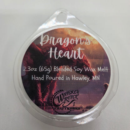 Wax Melts variant in Dragon Heart featuring a dark, smoky-textured custom fantasy fragrance label on a clear clamshell pack.