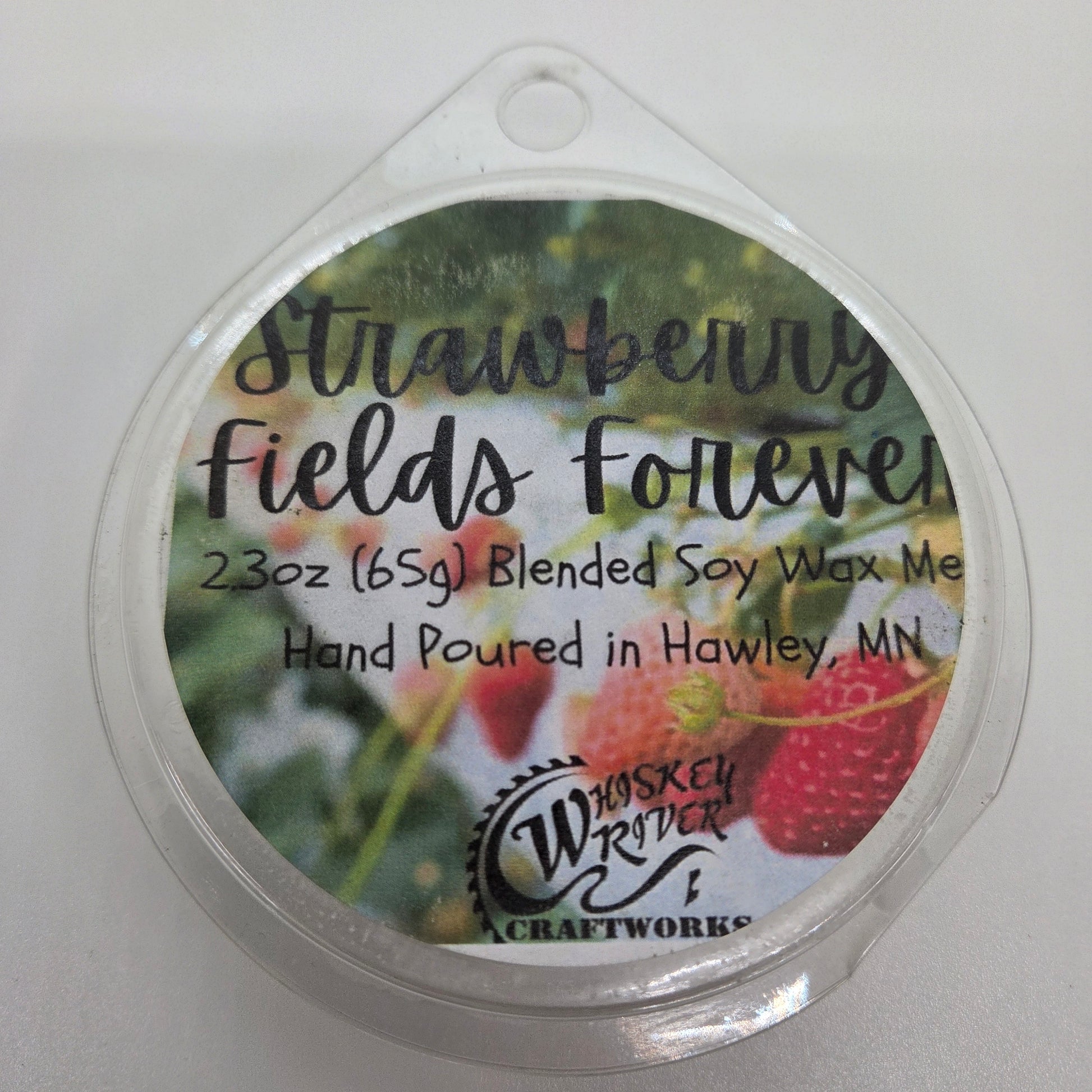 Wax Melts variant in Strawberry Fields Forever featuring a vintage berry-themed custom fragrance label on a clear clamshell pack.