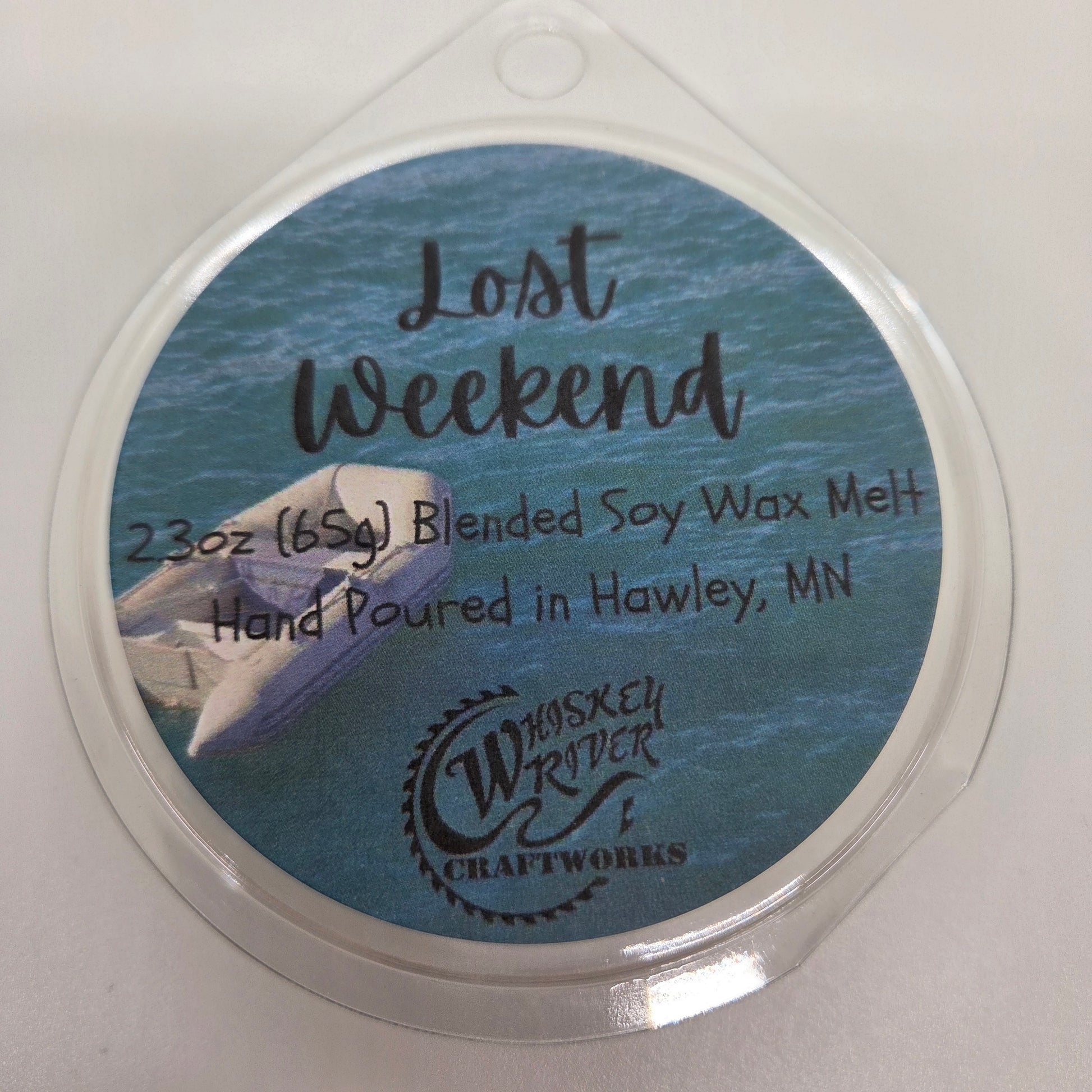 Wax Melts variant in Lost Weekend featuring a moody, atmospheric custom fragrance label on a clear clamshell pack.