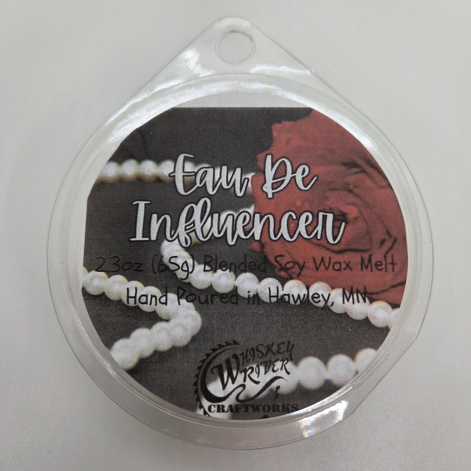 Wax Melts variant in Eau De Influencer featuring a sarcastic, modern-minimalist custom fragrance label on a clear clamshell pack.