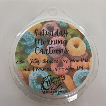 Wax Melts variant in Saturday Morning Cartoons featuring a vibrant, retro-animated style custom fragrance label on a clear clamshell pack.