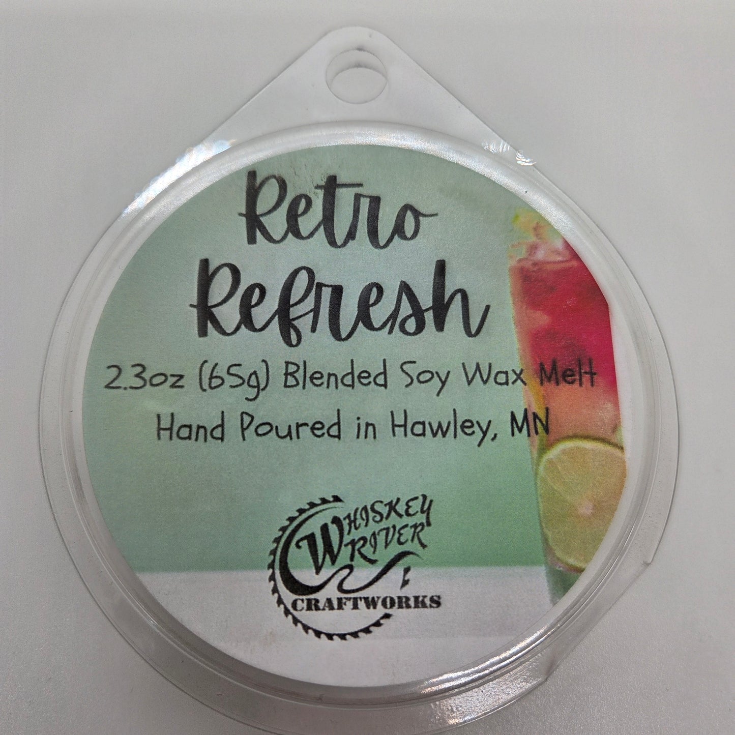 Wax Melts variant in Retro Refresh featuring a nostalgic, vibrant turquoise custom fragrance label on a clear clamshell pack.