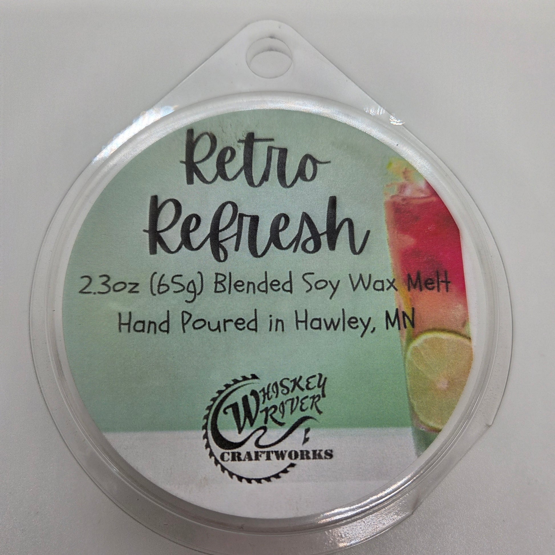 Wax Melts variant in Retro Refresh featuring a nostalgic, vibrant turquoise custom fragrance label on a clear clamshell pack.