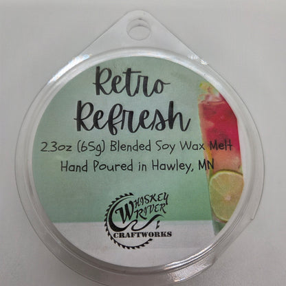 Wax Melts variant in Retro Refresh featuring a nostalgic, vibrant turquoise custom fragrance label on a clear clamshell pack.