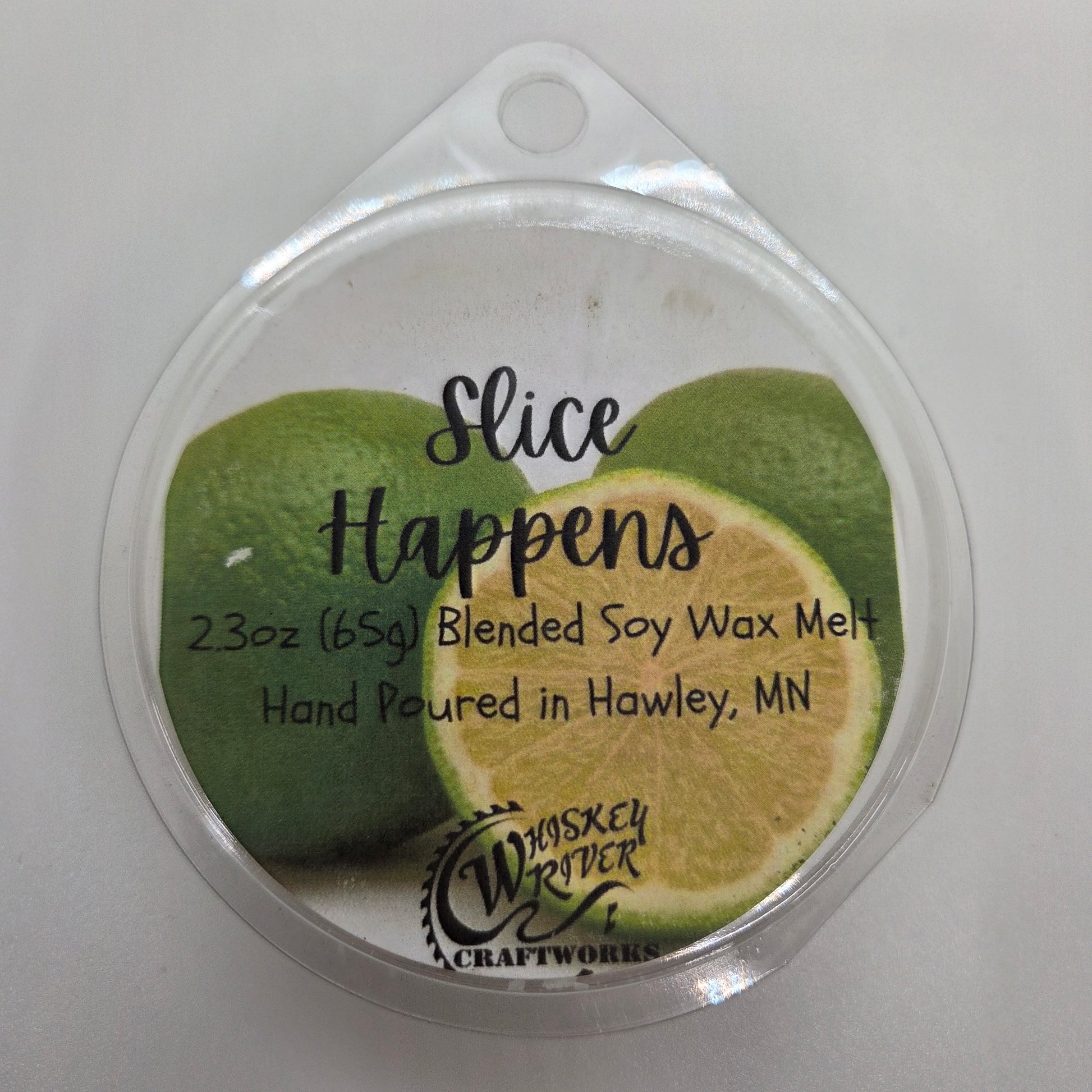 Wax Melts variant in Slice Happens featuring a vibrant, custom key lime themed fragrance label on a clear clamshell pack.