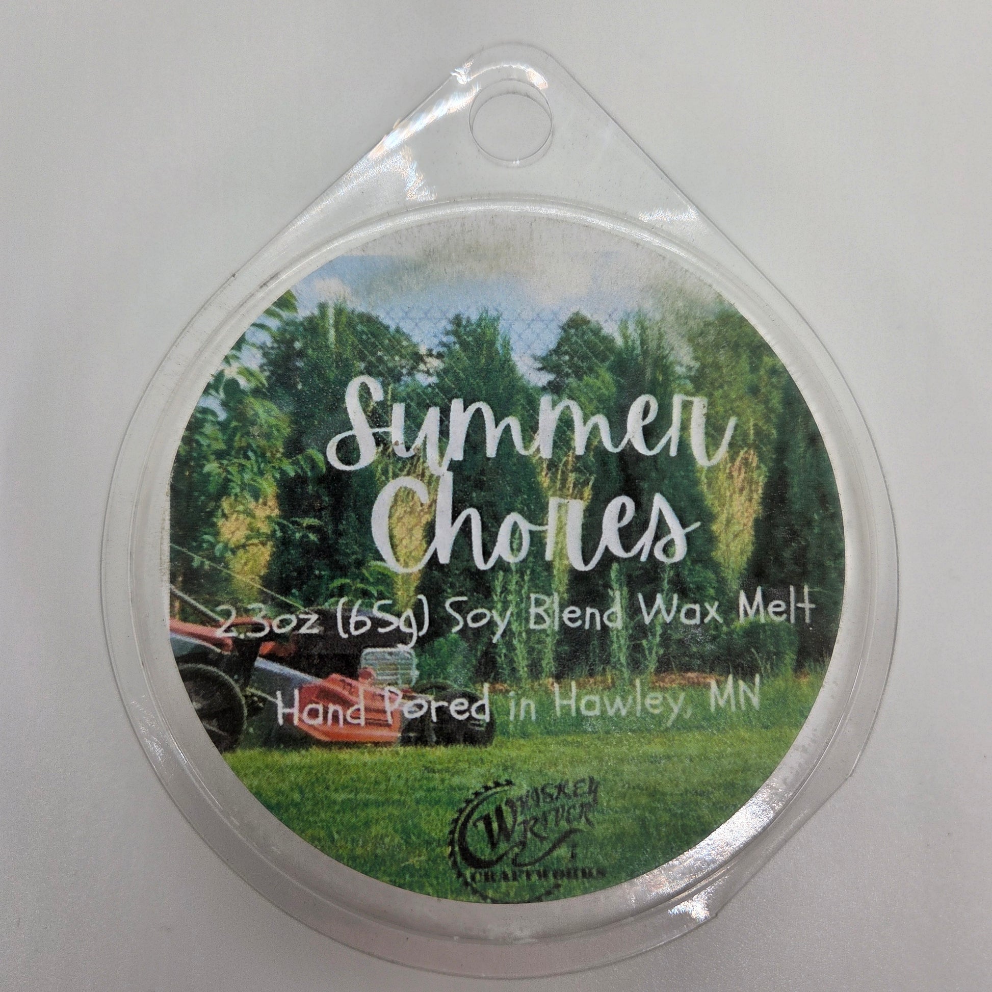 Wax Melts variant in Summer Chores featuring a nostalgic green utility-style custom fragrance label on a clear clamshell pack.