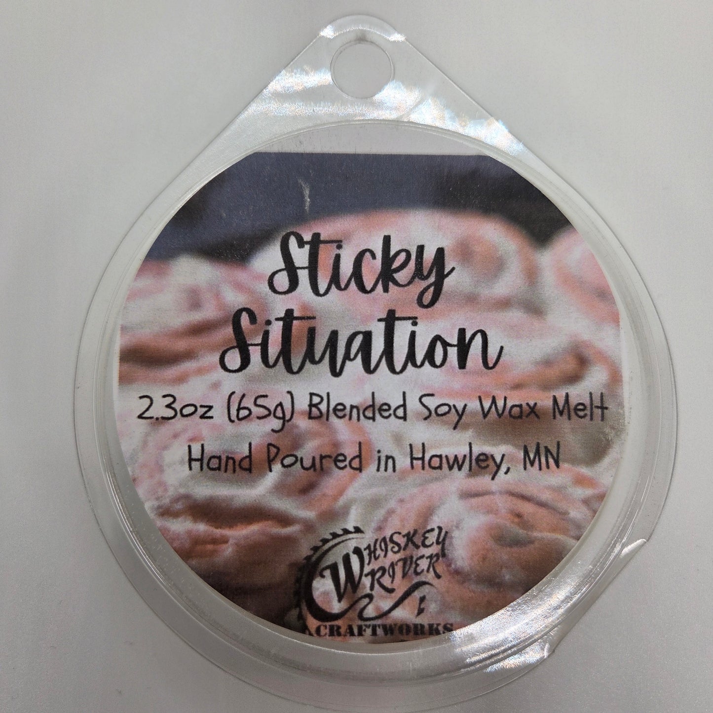 Wax Melts variant in Sticky Situation featuring a rich, sweet bakery-themed custom fragrance label on a clear clamshell pack.