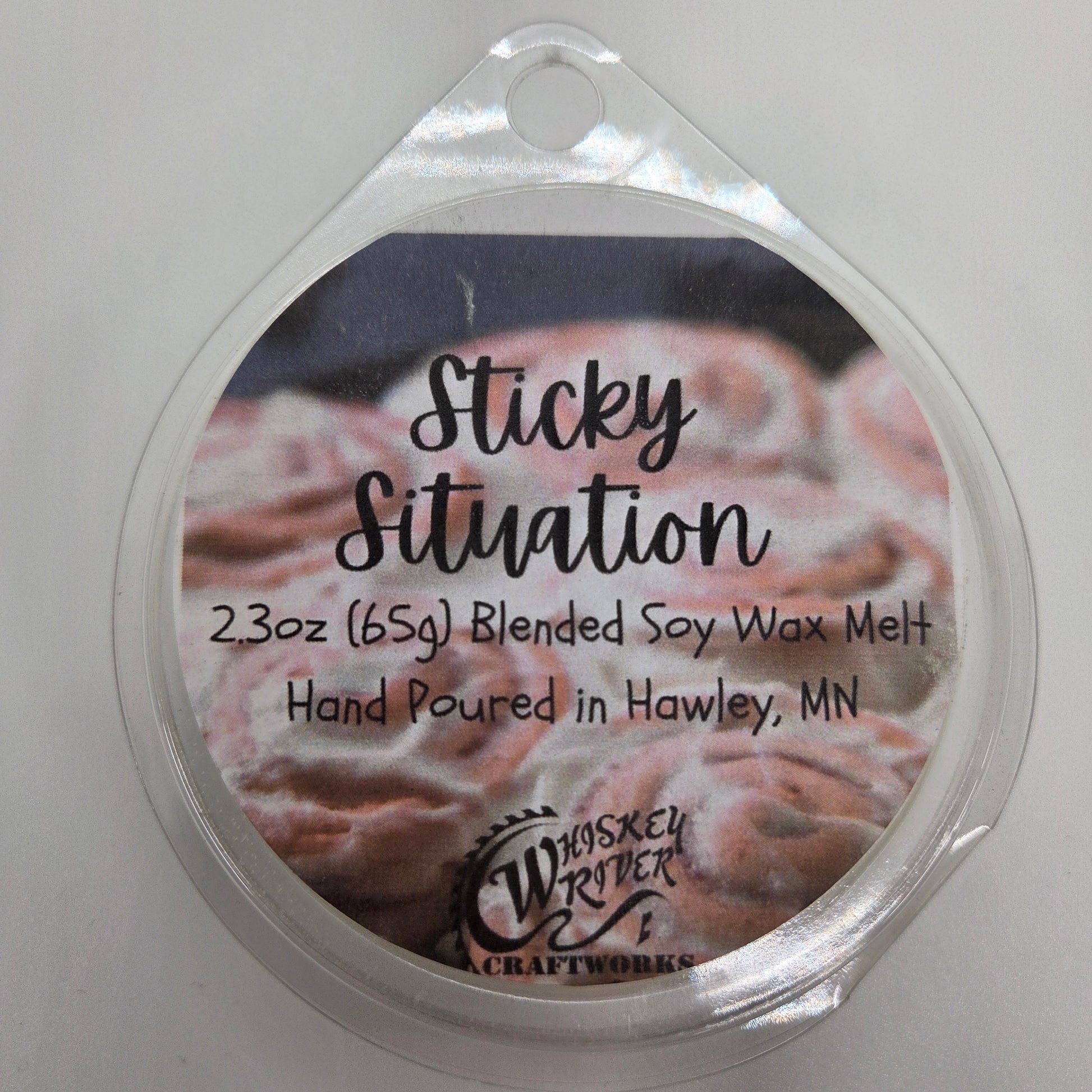 Wax Melts variant in Sticky Situation featuring a rich, sweet bakery-themed custom fragrance label on a clear clamshell pack.
