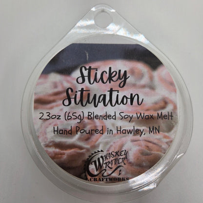 Wax Melts variant in Sticky Situation featuring a rich, sweet bakery-themed custom fragrance label on a clear clamshell pack.