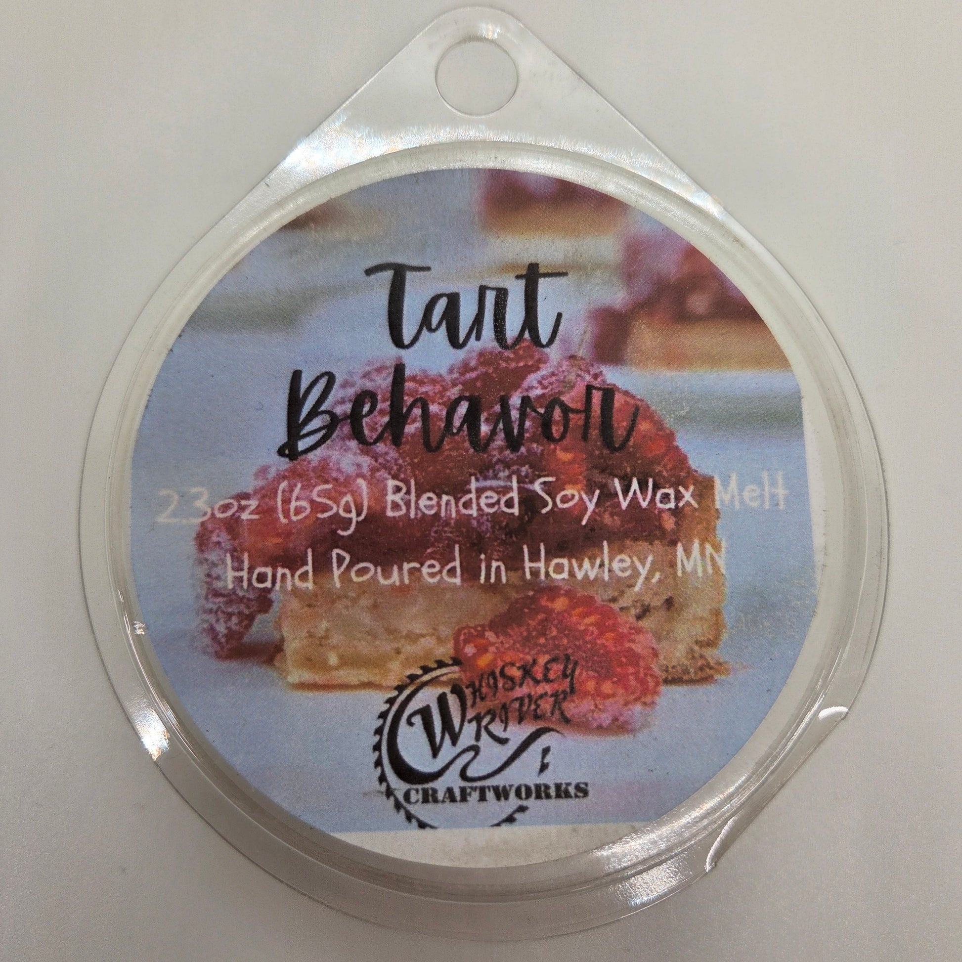 Wax Melts variant in Tart Behavior featuring a cheeky, bold typography custom fragrance label on a clear clamshell pack.
