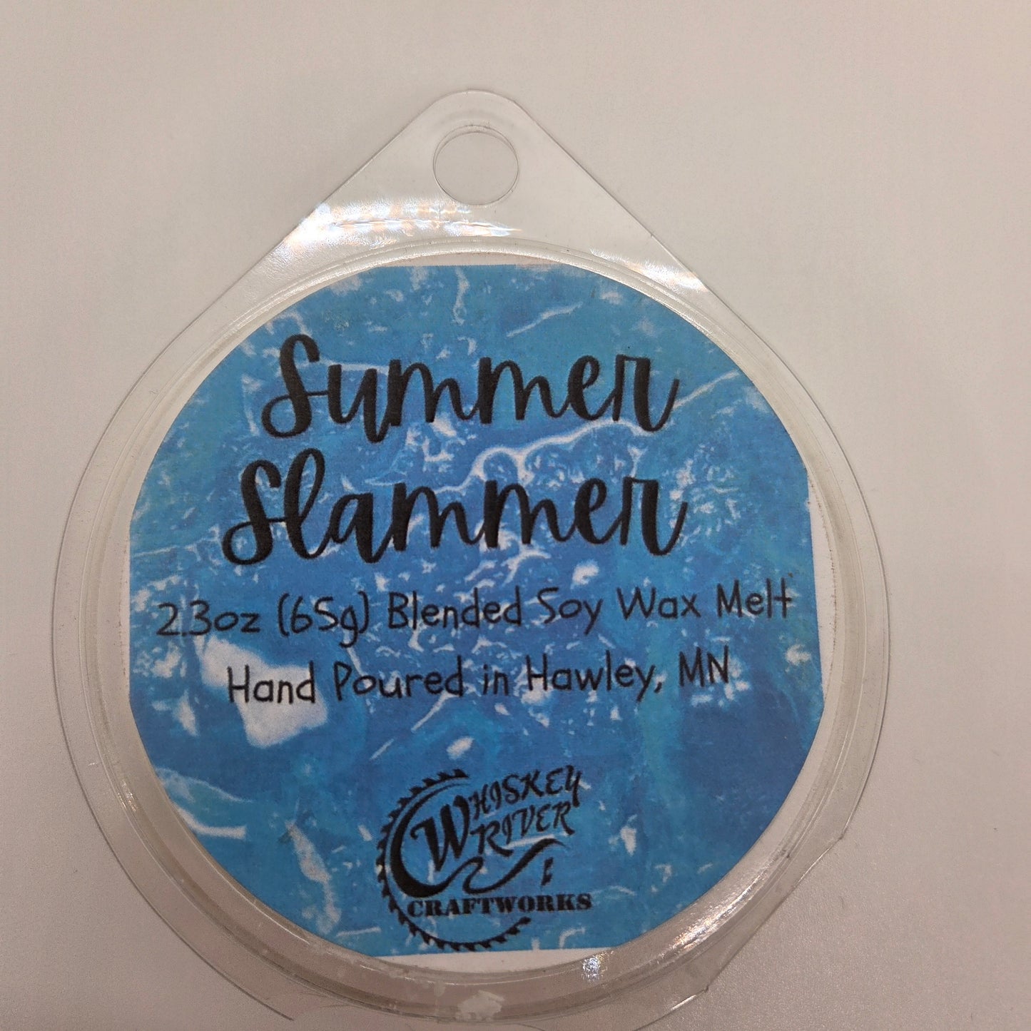 Wax Melts variant in Summer Slammer featuring a custom tropical Blue Hawaiian themed retro fragrance label on a clear clamshell pack.