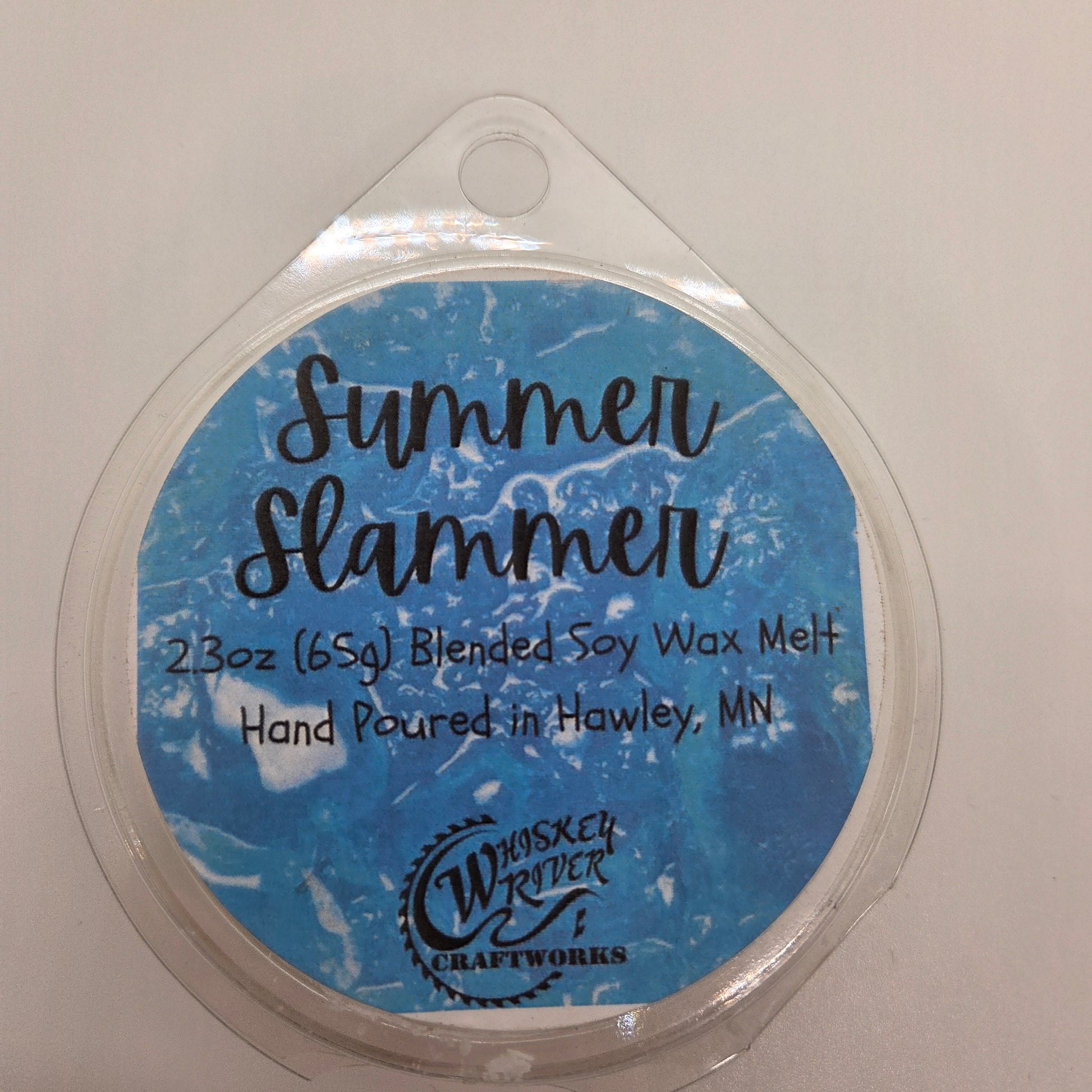 Wax Melts variant in Summer Slammer featuring a custom tropical Blue Hawaiian themed retro fragrance label on a clear clamshell pack.