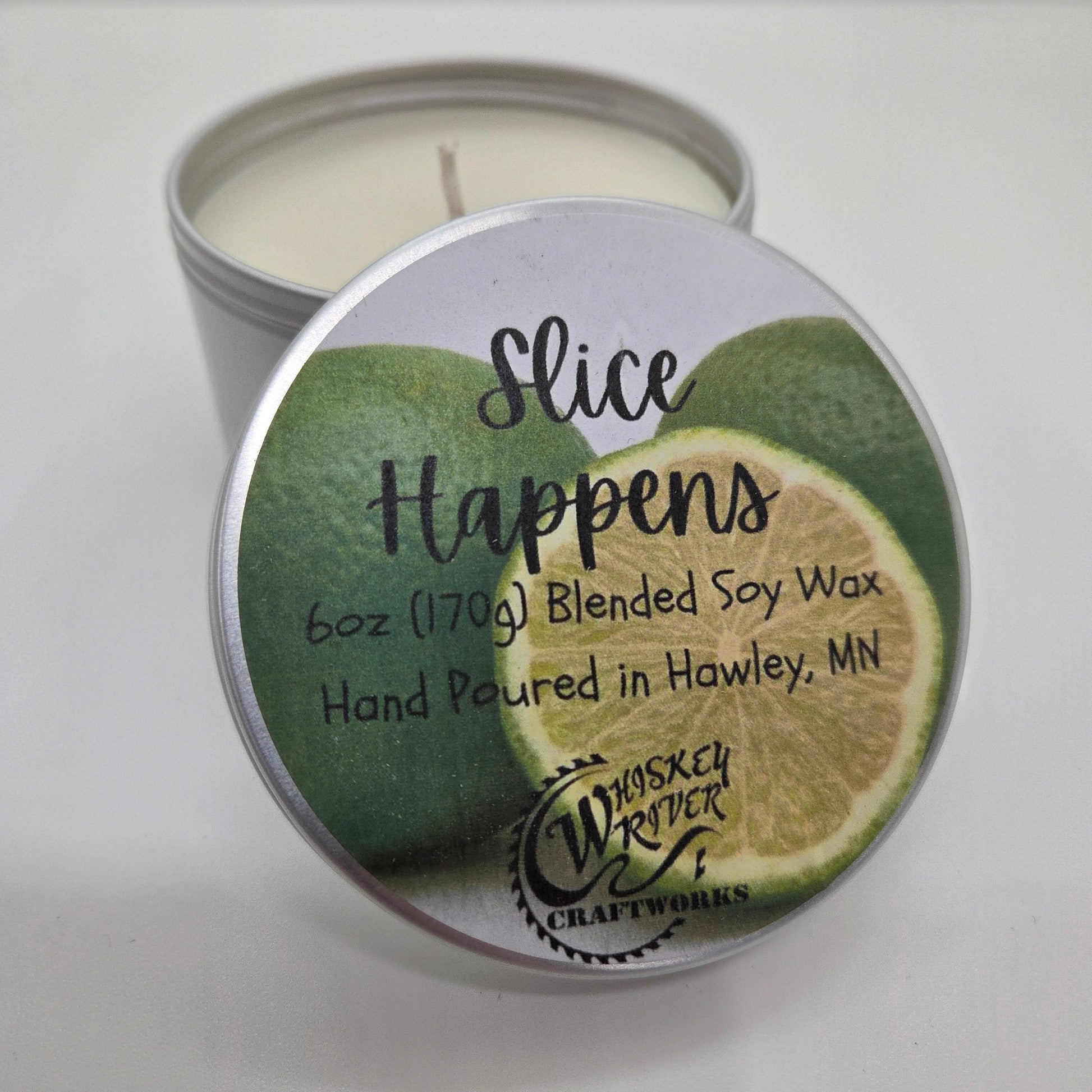 Handcrafted "Slice Happens" 6oz soy-blend candle, featuring a bright, zesty key lime scent that delivers pure citrus happiness.