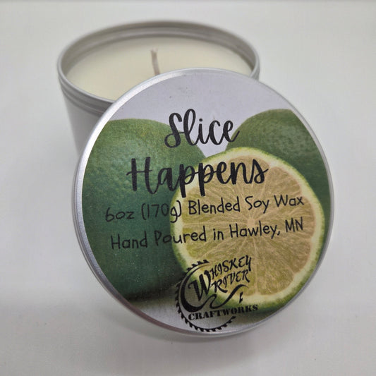 Handcrafted "Slice Happens" 6oz soy-blend candle, featuring a bright, zesty key lime scent that delivers pure citrus happiness.