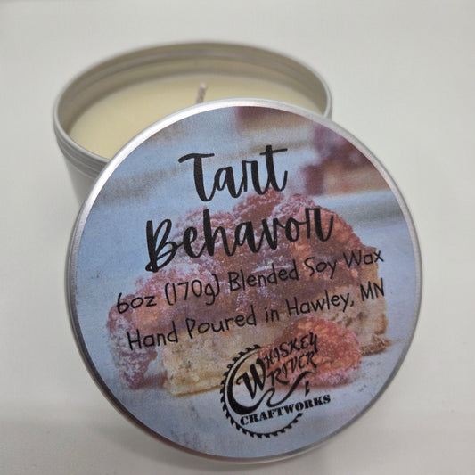 Tart Behavior 6oz Soy Blend Candle featuring a custom retro raspberry custard tart fragrance label on a metal tin lid.