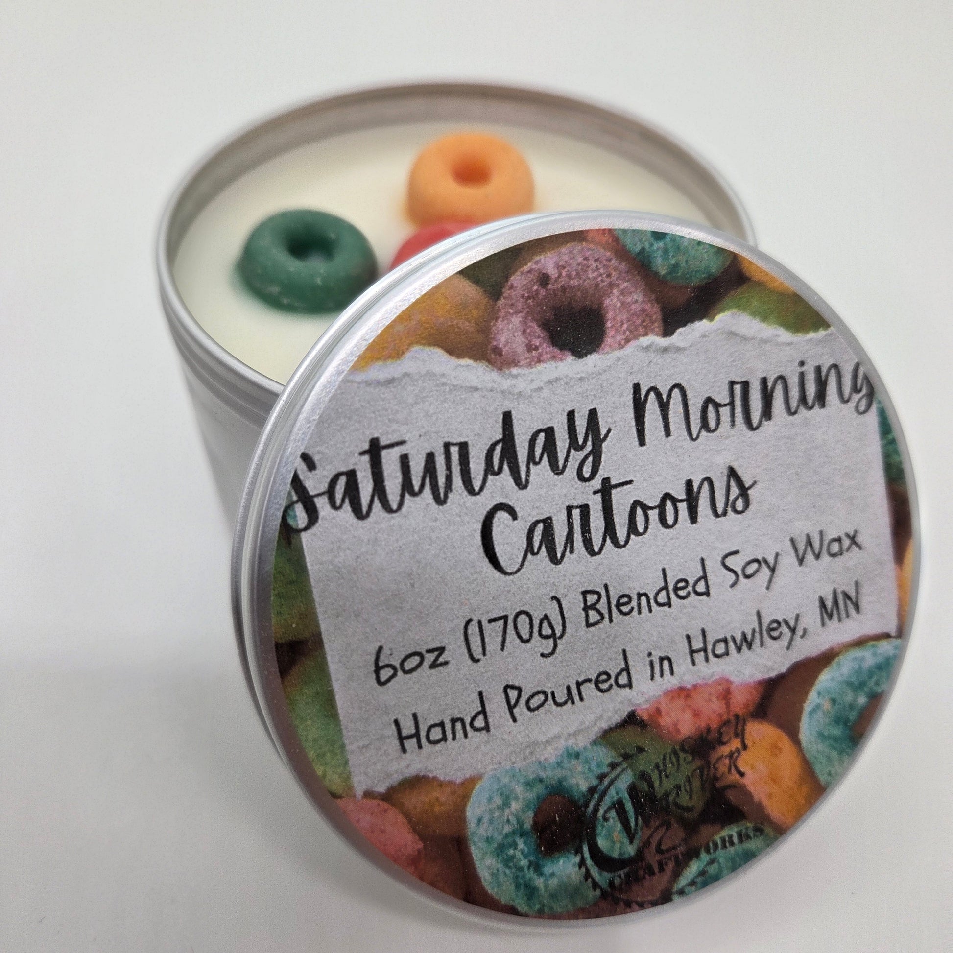Handcrafted "Saturday Morning Cartoons" 6oz soy-blend candle, featuring a nostalgic, fruit-cereal scent with notes of citrus and sweet milk.