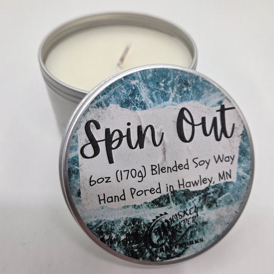 Handcrafted "Spin Out" 6oz soy-blend candle, featuring a crisp, masculine "Black Ice" inspired scent, perfect for gearheads and man cave decor.