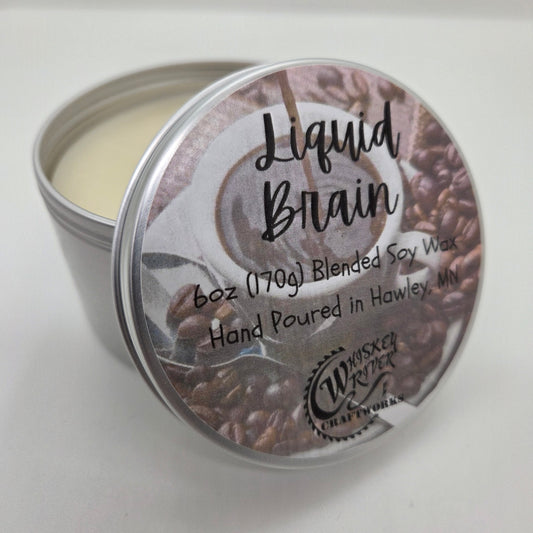 Handcrafted "Liquid Brain" 6oz soy-blend candle, featuring a bold, dark roast coffee scent designed to provide a productive, caffeine-inspired boost to your day.