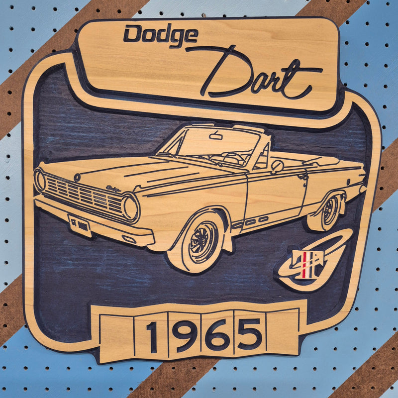 Custom CNC-carved wooden wall art featuring a 1965 vintage convertible car design, handcrafted and finished by Whiskey River Craftworks