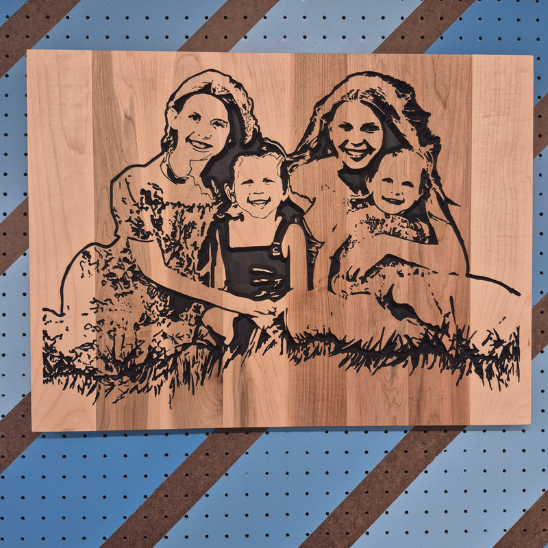 Custom CNC-carved wooden family portrait plaque, handcrafted and finished by Whiskey River Craftworks