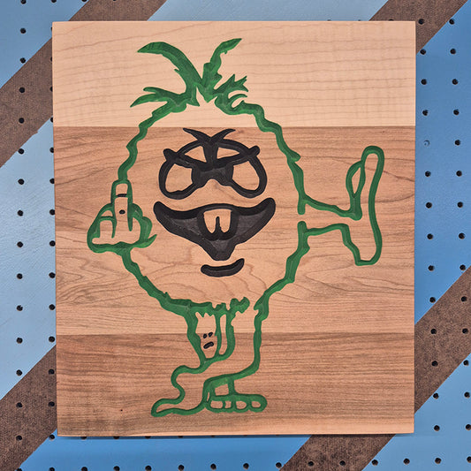 Solid hardwood CNC-carved middle finger hand gesture sign, titled The Blob.