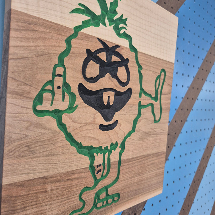 Funny middle finger wooden novelty sign displayed as rugged garage and workshop wall decor.