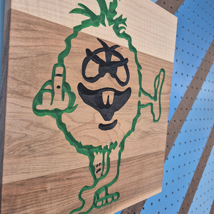 Funny middle finger wooden novelty sign displayed as rugged garage and workshop wall decor.