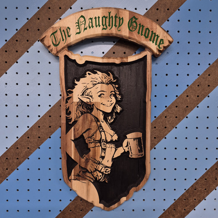 A vertical solid hardwood carved sign for "The Naughty Gnome". The detailed design features a smiling girl gnome with wild, flowing hair and a tunic holding up a frothing beer mug, displayed against a blue and brown diagonal striped pegboard background.