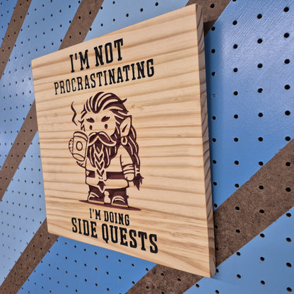 A perspective view from the opposite angle of the carved novelty sign, highlighting the clean, square outer edges, smooth borders, and professional satin finish of the wood.