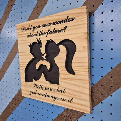 A perspective view from the opposite angle of the carved silhouette sign, highlighting the clean square outer edges, smooth borders, and professional satin finish of the premium wood.