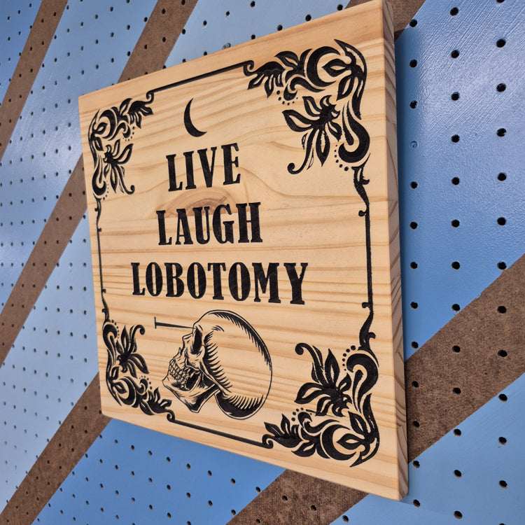 A perspective view from the opposite angle of the carved square gothic novelty sign, highlighting the clean outer edges, smooth borders, and professional satin finish.