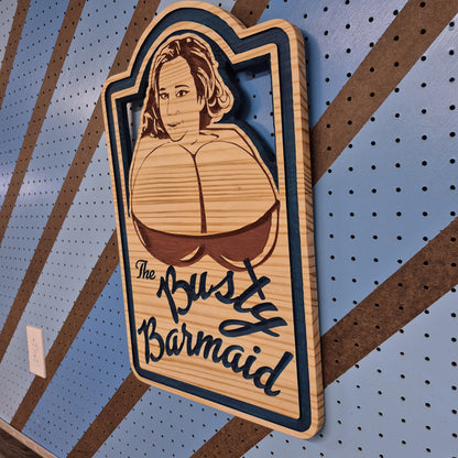 A perspective view from the opposite angle of the tavern-themed sign, highlighting the clean vertical outer edges, smooth borders, and professional satin finish of the premium wood.