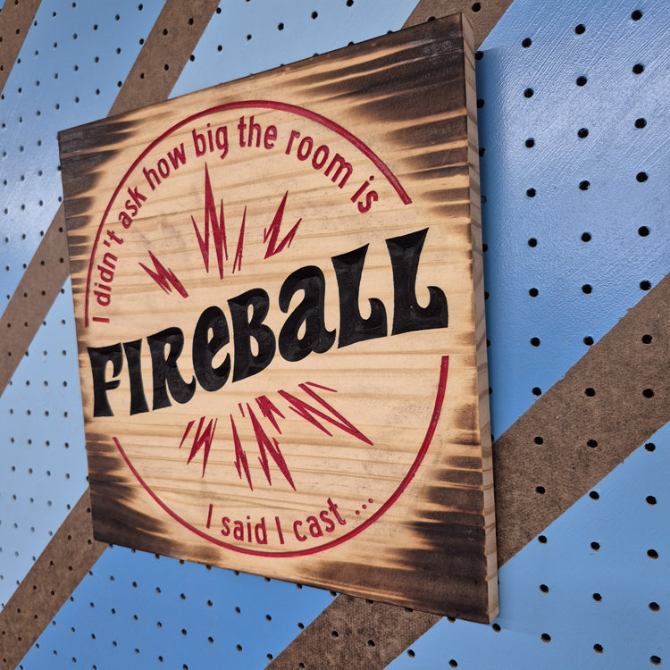 A perspective view from the opposite angle of the carved fantasy wizard sign, highlighting the clean square outer edges, smooth borders, and professional satin finish.