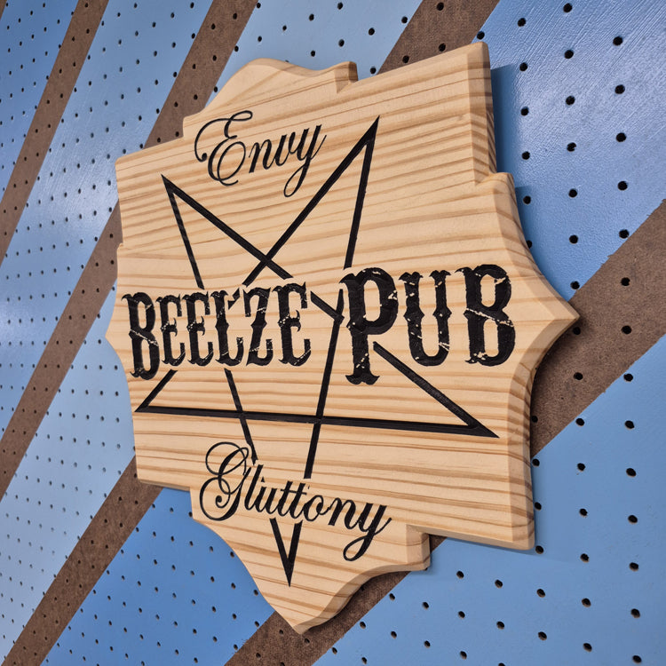 A perspective view from the opposite angle of the gothic bar sign, highlighting the clean square outer edges, smooth borders, and professional satin finish of the premium wood.