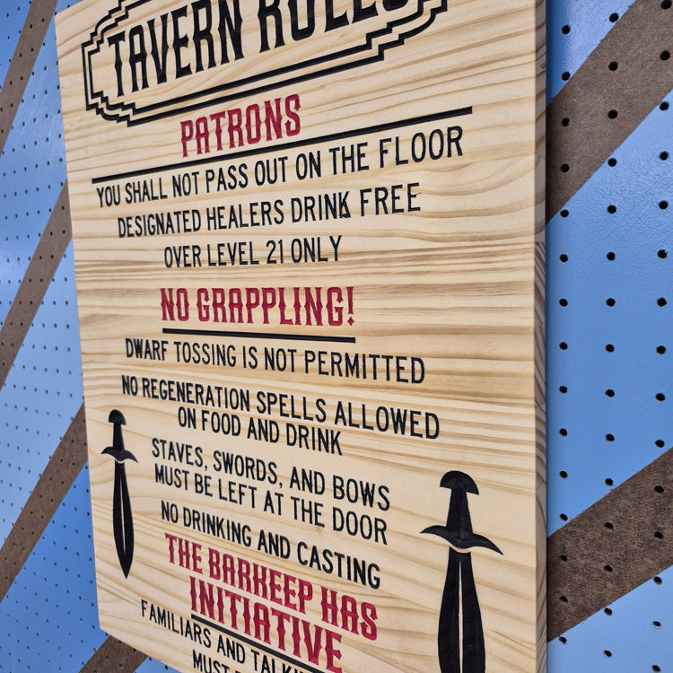 A perspective view from the opposite angle of the fantasy bar sign, highlighting the clean vertical outer edges, smooth borders, and professional satin finish of the premium wood.