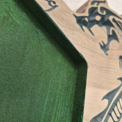 A tight close-up shot focusing on the carved dragon scales and wings on the tray's border, highlighting the incredibly crisp CNC machining and the precise green hand-painted details filling the cuts.