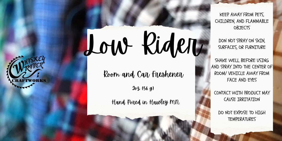 Whiskey River Craftworks "Low Rider" Room & Car Spray—a cozy, masculine-inspired odor neutralizer featuring a warm, inviting blend of spicy bergamot, rich mahogany wood, and soft musk.