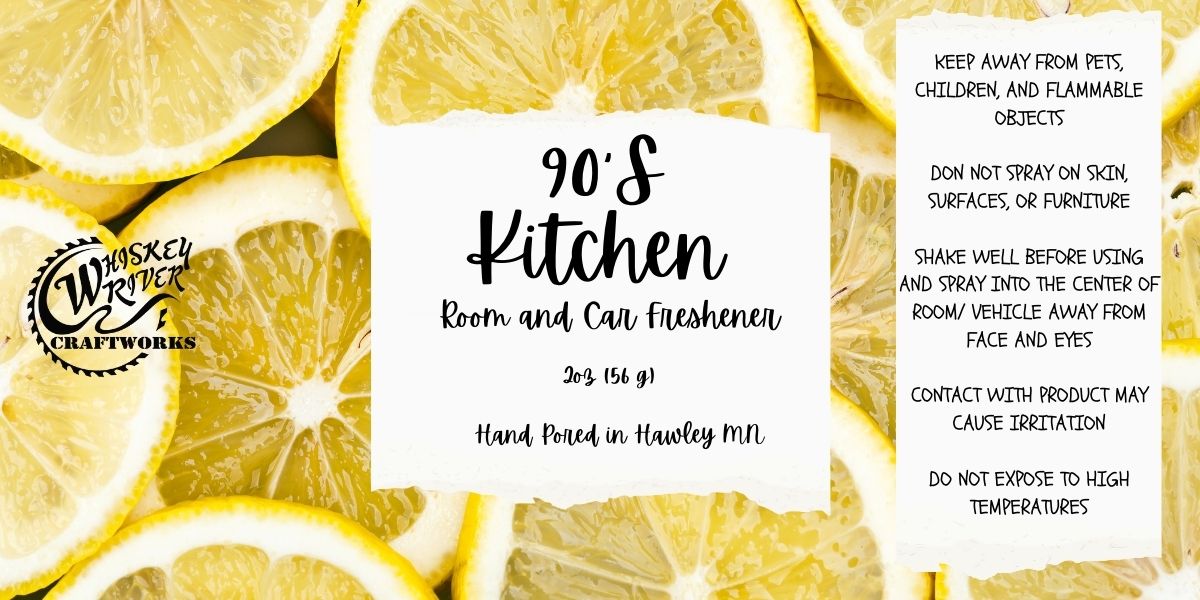 Whiskey River Craftworks "90'S Kitchen" Room & Car Spray—a refreshing, vibrant odor neutralizer featuring a clean, nostalgic scent profile of zesty lemon, bergamot, bright citrus, and a soft finish of white musk