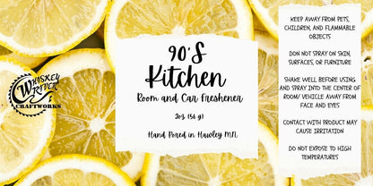 Whiskey River Craftworks "90'S Kitchen" Room & Car Spray—a refreshing, vibrant odor neutralizer featuring a clean, nostalgic scent profile of zesty lemon, bergamot, bright citrus, and a soft finish of white musk