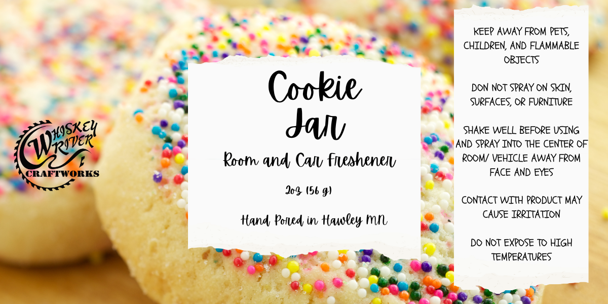 Whiskey River Craftworks "Cookie Jar" Room & Car Spray—a nostalgic, mouthwatering odor neutralizer featuring the comforting scent of fresh-baked sugar cookies with rich, warm notes of buttery dough and sweet vanilla.