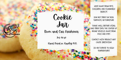 Whiskey River Craftworks "Cookie Jar" Room & Car Spray—a nostalgic, mouthwatering odor neutralizer featuring the comforting scent of fresh-baked sugar cookies with rich, warm notes of buttery dough and sweet vanilla.