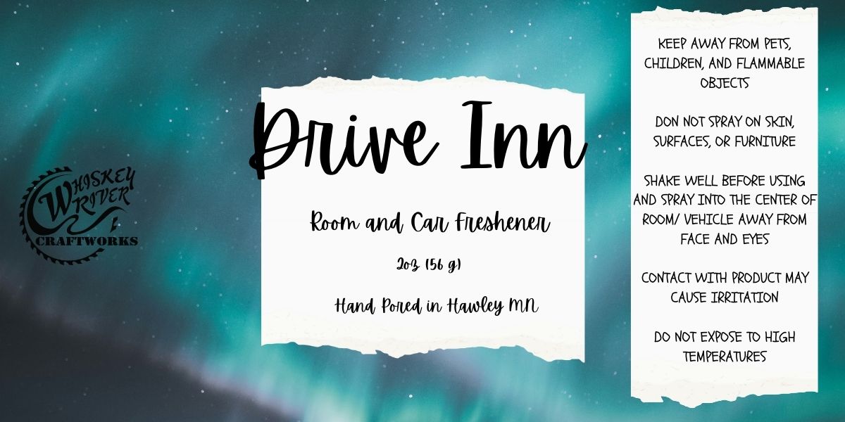 Whiskey River Craftworks Room & Car Spray, "Drive Inn" scent—a celestial, atmospheric blend of cool ozone, dewy florals, smoky vanilla musk, and star-kissed woods.