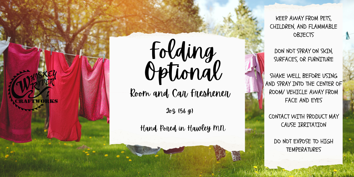 Whiskey River Craftworks "Folding Optional" Room & Car Spray—a crisp, clean-scented odor neutralizer inspired by "Laundry Day," featuring refreshing notes of fresh air, cotton blossom, soft lavender, and a base of white musk and sandalwood.