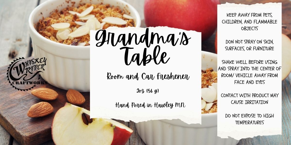Whiskey River Craftworks "Grandma's Table" Room & Car Spray—a comforting, home-baked odor neutralizer featuring a warm, nostalgic scent profile of baked apples, spiced cinnamon, brown sugar crumble, and a base of buttery vanilla.