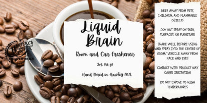 Whiskey River Craftworks "Liquid Brain" Room & Car Spray—an invigorating, coffee-forward odor neutralizer featuring a rich, authentic scent profile of freshly roasted dark coffee beans, sweetened vanilla, and cracked hazelnut.